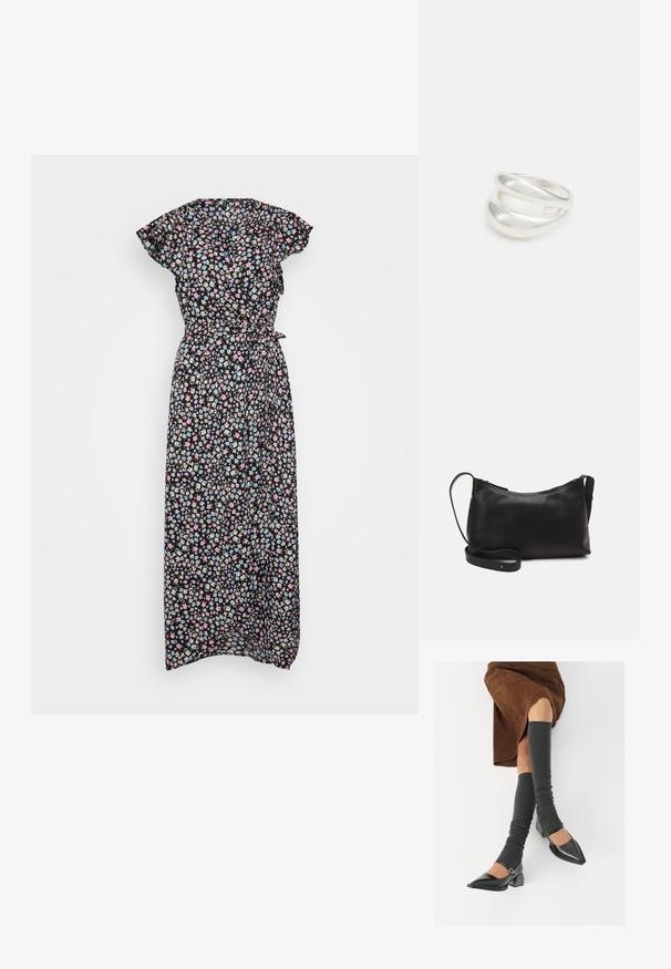 Tumšs ziedu motīvu maksi kleitas modelis ar īsām plīvurojošām piedurknēm, dekorēts ar daudzkrāsainiem maziem ziediem un jostu viduklim, ko var pielāgot.; Melnas laka ādas apavi ar norādītu purngalu, blokveida papēdi un potīšu jostu, saskaņoti ar pelēkām ribotām kāju sildītājām un brūnu zamšādas svārku.; Melna ādas plecu soma ar gludu tekstūru, izliekta forma, regulējama siksna un rāvējslēdzēja aizdare. Minimālistisks dizains bez rotājumiem.; Sudraba divu joslu gredzens ar gludu, pulētu virsmu. Iezīmējas ar plūstošu, izliekta dizaina struktūru ar pārklājošām sekcijām modernam izskatam.