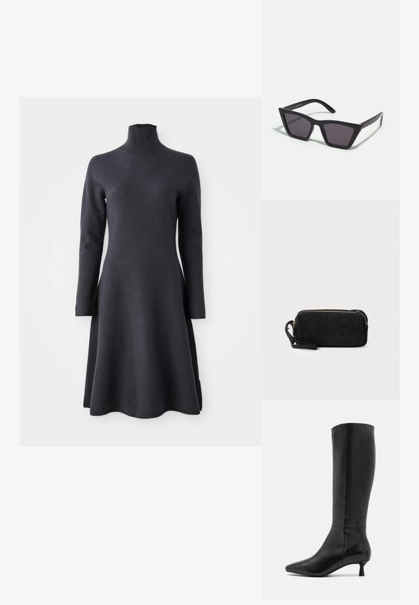 Vestido cinza escuro, de mangas longas e com gola alta. Silhueta em A, textura suave e uma bainha que se alarga na parte inferior.; Zign Botas - black; Óculos de sol pretos, angulares, com lentes cinzas; feitos de plástico, apresentando hastes grossas com uma superfície lisa e sem hardware visível.; Clutch bag preta em camurça, com fecho em zíper e alça de pulso removível. Apresenta acessórios em tom dourado e uma textura suave e fosca.