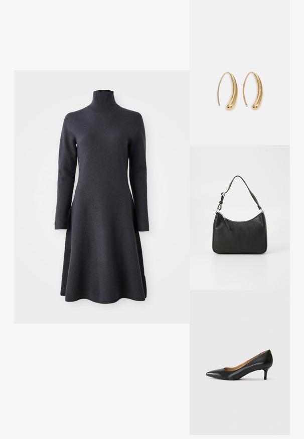 Tumehall pikkade varrukatega kleit kõrgema kaelusega. A-line siluett, pehme tekstuur ja alläärega, mis laieneb.; Must musta musta, millel on terav nina, madal konts ja sile tekstuur. Omab pisut avatud osa ees ja minimaalset riistvara taga.; Must musta käekott, millel on kumer kuju, üks rihm, lukuga sulgemine ja peen brändimine esiküljel. Sile tekstuur, minimalistlik disain.; Kuldtoonilised metallist rõngas kõrvarõngad, millel on kõver ja piklik kuju. Omavad siledat, läikivat pinda ja ümarat tipptugevdust, mis lisab detaili.