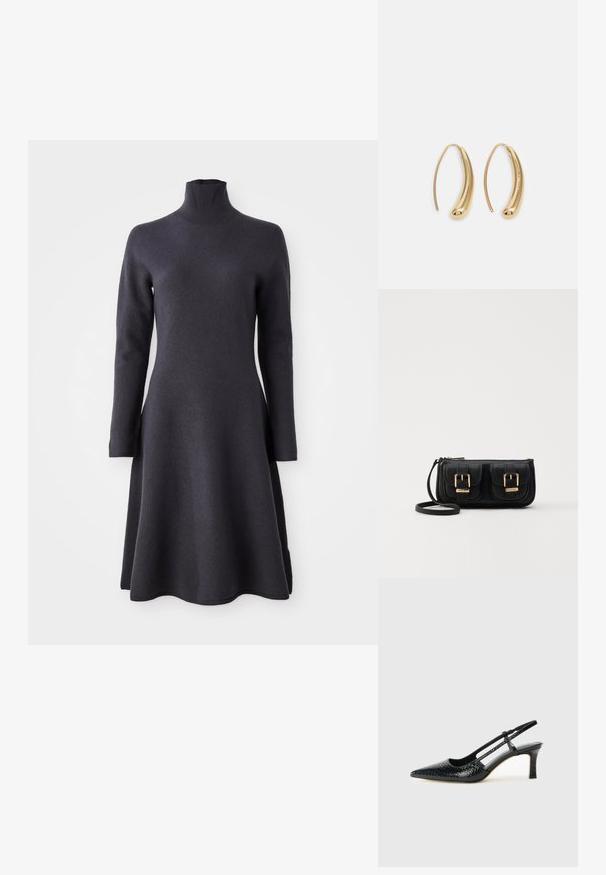 Tamno siva haljina dugih rukava s visokim ovratnikom. A-linija silueta, meka tekstura i rub koji se širi na dnu.; Crne lakirane slingback pete s oštrim vrhom, s teksturiranim uzorkom zmijske kože, podesivom remenom i kratkom, teksturiranom blok-petom.; Crna kožna torba preko ramena s dva prednja džepa, zlatnim kopčama, zatvaranjem na zip i uskim remenom. Teksturirana površina i kompaktan pravokutan oblik.; Zlatne metalne naušnice u obliku obruča s zakrivljenim, izduženim oblikom. Imaju glatku, sjajnu površinu i zaobljeni vrh za dodatni detalj.