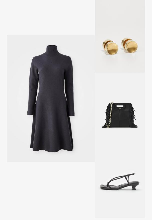 Tamsiai pilka, ilgomis rankovėmis suknelė su aukštu kaklu. A formos siluetas, minkšta tekstūra ir apačia, kuri platėja.; Juodas odinis šlepetės su plonomis dirželiu, mažu blokuoju kulnu ir kvadratiniu pirštu. Yra sagties uždarymas ir lygus paviršius.; Juodas odinis rankų darbo rankinys su frinzuotomis detalėmis, auksine grandinės petneša ir išpjauto dizaino rankena. Pirmoje pusėje yra logotipo vieta.; Aukso metaliniai auskarai su paprasta apvalia forma, pasižymintys lygiu paviršiumi ir centriniu poliruotu juosteliu. Išmatavimai maždaug 1 cm skersmens.