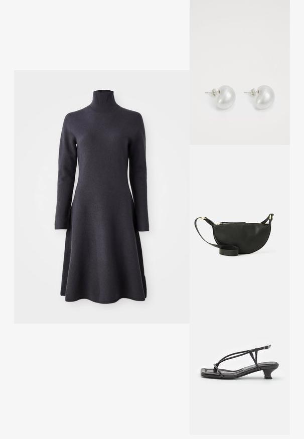 Mörkgrå, långärmad klänning med hög hals. A-linjeformad silhuett, mjuk textur och en fåll som flares ut längst ner.; Svarta lädersandaler med tunna remmar, låg klack och fyrkantig tå. Har spänne och slät yta.; Svart läder crossbody-väska med halvmåneform, texturerad yta, guldblixtlås och en platt rem. Kompakt design som passar för det nödvändigaste.; Silverfärgade pärlörhängen med en böjd, bönform. Slät, glänsande yta och säkrade med en stift- och bakdel.
