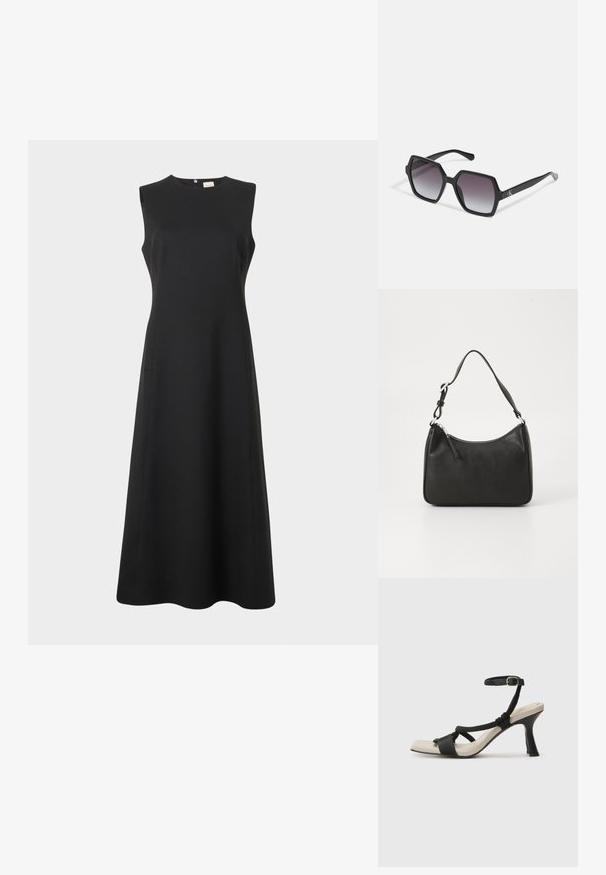 Bezrukávové černé midi šaty s vysokým výstřihem, přiléhavým korpusem, A-line sukní a zadním zipem.; Černé sandály na podpatku s pleteným designem pásku, čtveratou špičkou a nastavitelným páskem kolem kotníku. Světle béžová stélka s lesklým černým podpatkem.; Černé hexagonální sluneční brýle se stupňovitou čočkou, s lesklým povrchem a jemným logem na spánku. Odolná plastová konstrukce.; Černá kožená kabelka s zakřiveným tvarem, s jedním popruhem, zipovým uzávěrem a decentním logem na přední straně. Hladká textura, minimalistický design.