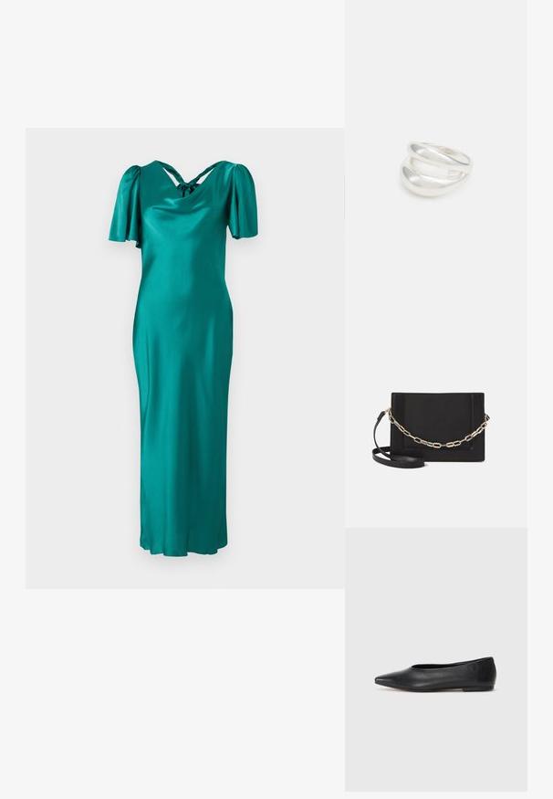 Tirkizna saten haljina s kratkim napuhanim rukavima, cowl izrezom s pletenicom na leđima i ravnim, dužinom do članaka.; Crne kožne balerinke, uski vrh, minimalistički dizajn, glatka tekstura, niska peta, bez vidljivih dodataka ili ukrasa.; Crna kožna torba preko tijela s glatkom teksturom, pravokutnim oblikom i metalnim lancem na prednjoj strani. Uključena je podesiva naramenica.; Srebrna dvostruka prsten s glatkom, poliranom površinom. Karakterizira ga fluidan, zakrivljen dizajn s preklapajućim sekcijama za moderan izgled.