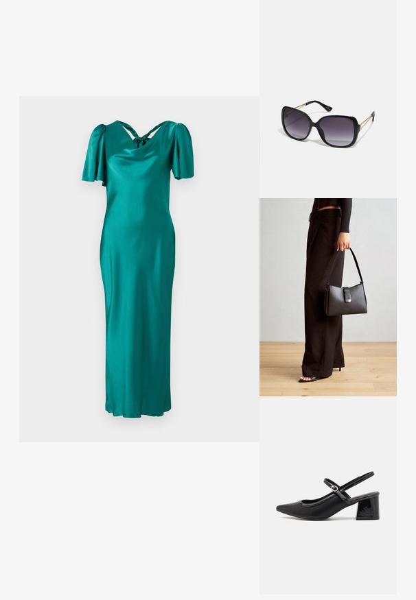 Tirkīza krāsas satīna kleita ar īsām pūšļa piedurknēm, plisēta kakla izgriezumu ar pinētu saiti aizmugurē un taisnu, līdz potītēm garu siluetu.; Melns patentēts ādas sandales ar norādīta pirksta formu, noapaļotu izgriezuma dizainu un bloķētu papēdi. Iezīmēta ar zelta toņa sprādzi.; Melni pārmērīgi lieli saulesbrilles ar gradāciju lēcām, biezām rāmja malām un zeltainas krāsas ķēžu detaļām uz tempļiem.; Melnā somiņa ar strukturētu formu, gludu tekstūru un metālu sprādzi. Saskaņota ar platām melnām biksēm un sandālēm ar atvērtu purngalu uz koka grīdas.