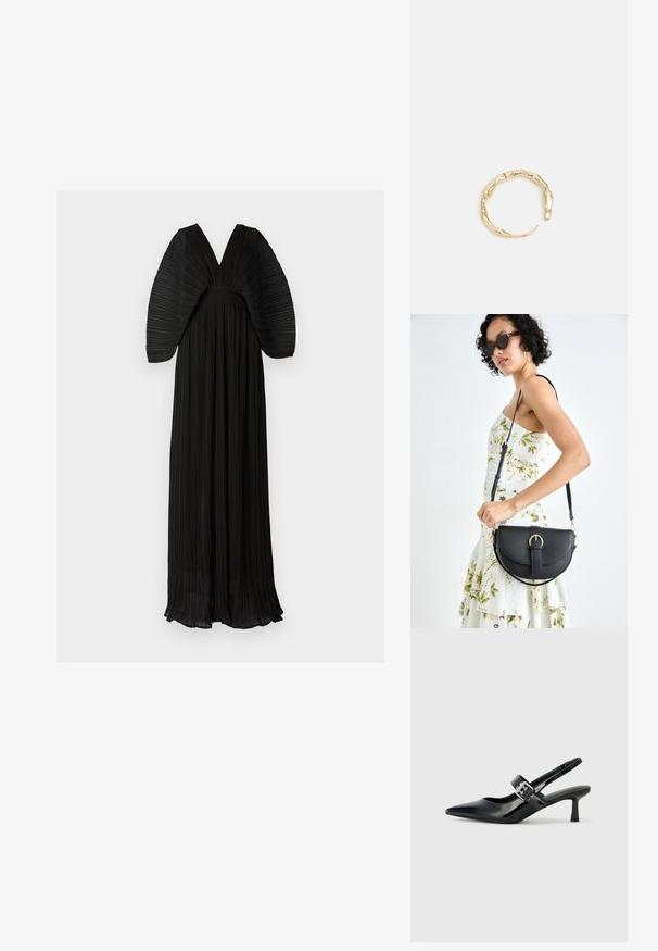 Crna plisirana haljina s dubokim V-izrezom i voluminoznim, strukturiranim rukavima. Tkanina ima mekani tekstur i lepršavi siluetu.; Crne lakirane slingback potpetice s oštrim prstom i malom blok petom, s naglaskom na srebrnoj kopči na remenu.; Crna kožna torba s lukovitim oblikom, odvojivim remenom i zlatnim detaljima. Torba ima preklop s kopčom.; Prsten u zlatnoj nijansi s organskim, uvijenim dizajnom, glatkom teksturom i suženim krajevima, koji stvara moderan, skulpturalni izgled.