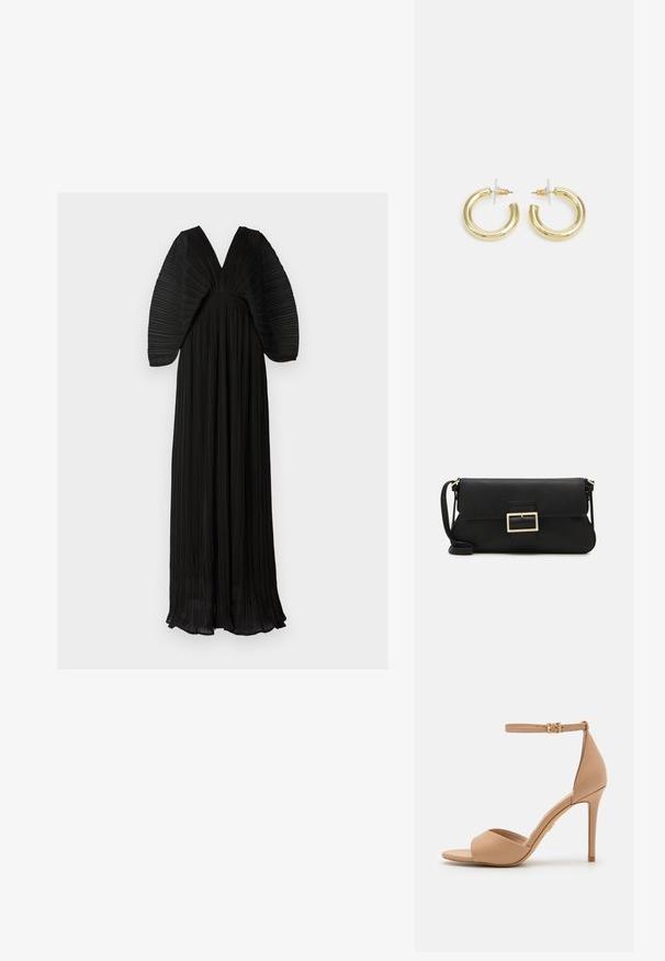 Juoda plisuota suknelė su giliu V formos iškirpimu ir didelėmis, struktūrinėmis rankovėmis. Audinys pasižymi minkšta tekstūra ir laisvai krintančiu siluetu.; ALDO CRERIDE PILLOW WALK - Sandalai - beige; Juodas odinis dėkliukas su atvarteliu ir auksinės metalinės sagties detalėmis. Įeina juodas diržas ir elegantiškas, minimalistinis dizainas.; Aukso auskarai su lygiu, blizgiu paviršiumi. Apvalus dizainas su maža užrakto dalimi ir skaidria atrama saugiam nešiojimui.