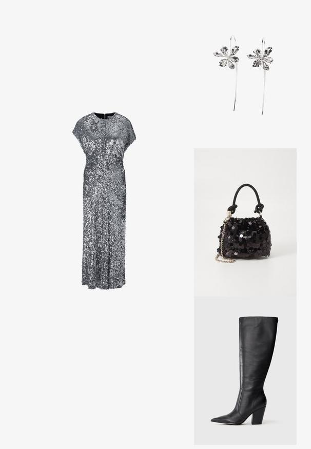 Hõbedane sädelev õhtukleit laia lõikega, lühikeste varrukatega ja pika, sirge siluetiga. Tagumine lukClosure. Sile tekstuur.; Mustad musta nahkasaapad, millel on terav nina ja paks kõrge konts, esitatud vasakult külje profiilis valgel taustal.; Must have mustrõngus mustal sädelev mini käekotil on sõlme tekstuuriga rihm ja hõbedane ketis. Ümar kuju, kokku kogutud ülaosa ja peegeldav detail.; Hõbedased lillekujulised kõrvarõngad tekstureeritud viimistlusega, pikal konksul ja kroonlehtedetaoliste detailidega, moodustades keeruka disaini.