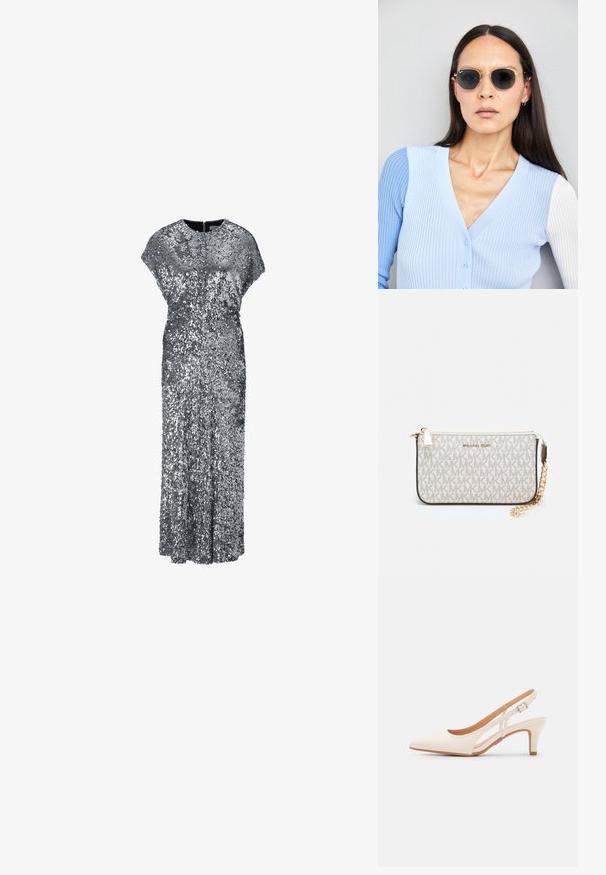 Silvrig paljettklänning för kvällsevenemang med lös passform, korta ärmar och en lång, rak silhuett. Dragkedjeslutning i ryggen. Slät textur.; Vit slingbackklack med spetsig tå, slät ovandel, låg blockklack och sidoutskärning med justerbar spänne.; Runda solglasögon med mörka linser och guldramar. Modellen bär en ljusblå, ribbad cardigan med knappar och kontrasterande vita ärmar.; Michael Kors handledos i beige belagd kanvas med ett upprepande MK-logomönster, gyllene detaljer och ett avtagbart kedjehandtag.