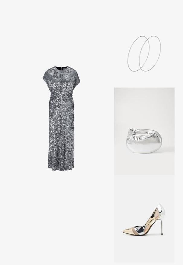 Robe de soirée argentée à paillettes avec une coupe ample, des manches courtes et une silhouette longue et droite. Fermeture éclair dans le dos. Texture lisse.; Chaussure à talon aiguille à bout pointu avec un schema de couleurs argent, or et nude. Fini brillant avec un design découpé, dotée d'un talon stiletto.; Pochette en métal argenté avec une forme douce et arrondie et un fermoir en haut noué. Fabriquée en simili cuir lisse.; Boucles d'oreilles en argent au design minimaliste. Forme circulaire, texture lisse et profil fin. Légères avec une finition polie.