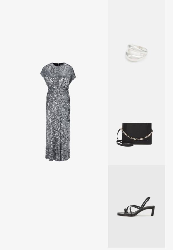 Silver sequin evening dress with a loose fit, cap sleeves, and a long, straight silhouette. Zipper closure at the back. Smooth texture.; Black strappy sandal with a square toe and a low block heel. Features multiple thin straps and an adjustable ankle strap. Made of smooth leather.; Black leather crossbody bag featuring a smooth texture, rectangular shape, and a metallic chain detail on the front. Adjustable strap included.; Silver double-band ring with a smooth, polished surface. Features a fluid, curved design with overlapping sections for a modern look.