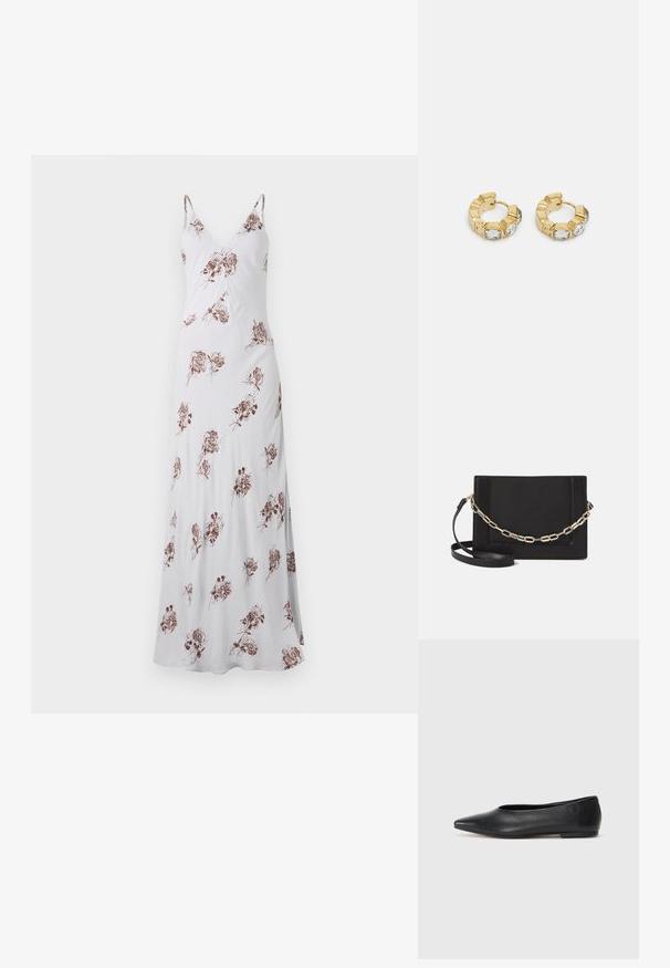 Vestido longo branco com alças finas, apresentando um padrão floral em castanho. Feito de tecido suave, possui um decote em V e uma silhueta fluida.; Bailarina de couro preto, bico fino, design minimalista, textura suave, salto baixo, sem hardware ou embelezamentos visíveis.; Bolsa crossbody de couro preto com uma textura suave, forma retangular e um detalhe em corrente metálica na frente. Inclui uma alça ajustável.; Brincos de argola dourados com um design texturizado e três cristais transparentes em um lado, oferecendo uma estética geométrica moderna.