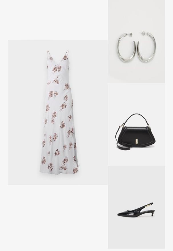 Long white dress with thin straps, featuring a floral pattern in brown. Made from smooth fabric, it has a V-neckline and a flowing silhouette.; Black leather slingback heels with a pointed toe, featuring a slim heel and a gold-tone accent on the adjustable strap. Smooth texture.; Black leather handbag with a structured design, featuring a cropped shape, top handle, and gold hardware accent. Adjustable shoulder strap included.; Silver hoop earrings with a smooth, curved design. Features a shiny metallic finish and stud closure. No visible patterns or accents.