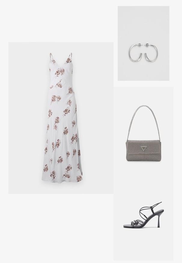 Duga bijela haljina s tankim naramenicama, s cvjetnim uzorkom u smeškastoj boji. Napravljena od glatkog materijala, ima V-izrez i lepršavu siluetu.; Crne sandale na visokoj potpetici imaju tanke trake s čvorastim dizajnom, glatki kvadratni vrh i elegantnu stiletto petu.; Svijetlosivi metalik ruksač s lancem, ukrašen malim okruglim metalnim zakovicama i trokutastim logotipom marke.; Srebro naušnice u obliku prstena s glatkom, sjajnom završnom obradom. Zaobljenog oblika, laganog dizajna, s kopčom na poleđini.