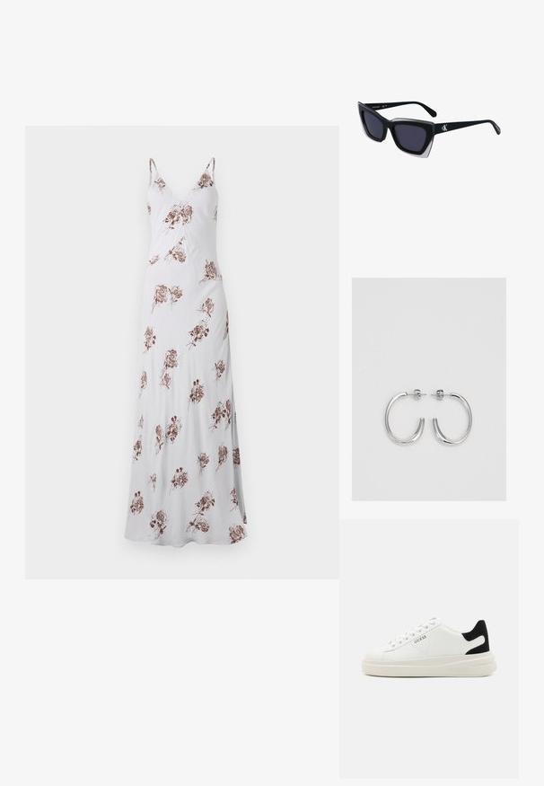 Dolga bela obleka s tankimi naramnicami, ki ima cvetlični vzorec v rjavi barvi. Narejena je iz gladkega materiala, ima V-izrez in lepršavo silhueto.; Bele usnjene športne copate z debelim belim podplatom, črnimi semišnimi detajli na peti in utisnjenim logotipom na strani. Zavezovanje s šestimi luknjicami.; Črne prevelike sončne očala geometrijske oblike, z temnimi lečami in kontrastno sivo podrobnostjo na okvirju. Logo na ročaju.; Srebrne obročaste uhane z gladko, sijočo površino. Zaobljena oblika, lahka zasnova, z zapiranjem na zatič.