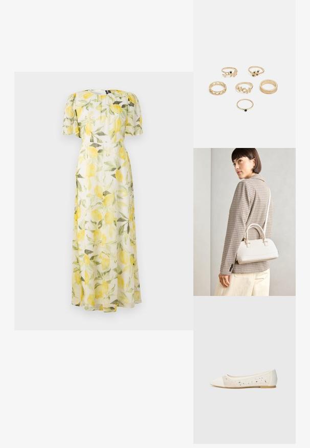 Gėlių suknelė, dekoruota citrinų raštu ant permatomos baltos medžiagos, su trumpomis pūkuotomis rankovėmis ir įveržta juosmeniu, besitęsiančia iki maksi ilgio.; Kreminės odos balerinos bateliai su skaidriu viršumi, dekoruoti išsibarsčiusiais kristalais. Minkštas padas užtikrina komfortą, minimalistinis dizainas.; Balta struktūruota rankinė su trumpomis rankenomis ir peties diržu, su auksinėmis detalėmis ir tekstūruota medžiaga, pastatyta prieš pilką foną.; Šeši auksiniai žiedai su įvairiais dizainais: pinti, lapų motyvai ir monolitiniai žiedai; kai kurie su žalios spalvos brangakmenių akcentais.