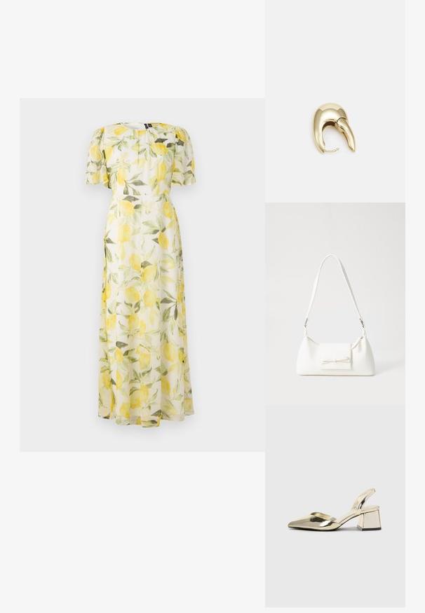 Lillelilledest kleit, millel on sidrunimuster õhulisel valgel kangal, lühikeste puhvärvlitega ja kitsas taljes, voolates maksikleidina.; Kuldne, metallilised slingback-kudumid terava varba ja paksu kontsaga. Sile tekstuur, minimalistlik disain ja kitsas rihm.; Valge sünteetilisest materjalist kott kolmnurkse kujuga, lame esiklapiga ja kaaredetailiga, reguleeritava rihmaga, sileda tekstuuriga ja minimalistliku disainiga.; Kuldtooni metallist kõrvarõngas, millel on elegantne ja kaarjas disain. Omab silmapaistvat teravat kuju, poleeritud pinda ja hingesulgemist.