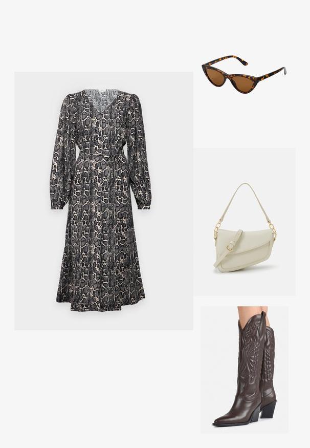 Krečna obleka dolgimi rokavi v vzorcu kače, z V-izrezom, zategnjenim pasom in tekočim A-line krilom v črnih in bež tonih.; Rjave usnjene kavbojske čevlje z ostrim nosom in blok peto, ki vsebujejo podrobno šivanje in dvignjene dodatke na zgornjem delu.; Mačje oči sončna očala z okvirom v črno-oranžni želvej ohišji, rjavimi lečami in elegantnimi, ostrimi konicami. Imajo minimalistični logo na ročaju.; Mala kremna torbica z teksturiranim zaključkom, dolgim nastavljivim trakom, verižnim poudarkom in zapiranjem na poklop. Detajli iz zlatega kovinskega materiala.