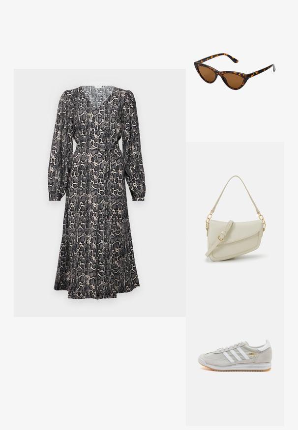 Vestido de mangas longas com padrão de estampa de cobra, apresentando um decote em V, cintura ajustada e uma saia em A fluida em tons de preto e bege.; Sapatilha cinza clara feita de camurça e malha, com três riscas brancas, bico redondo e sola de borracha de goma. Detalhe do logótipo dourado junto aos atacadores.; Óculos de sol estilo gato com uma armação em tartaruga preta e laranja, lentes castanhas e pontas elegantes e pontiagudas. Apresenta um logo minimalista na haste.; Pequena bolsa de creme com um acabamento texturizado, uma alça longa ajustável, um detalhe em corrente e um fecho de aba. Detalhes em hardware dourado.