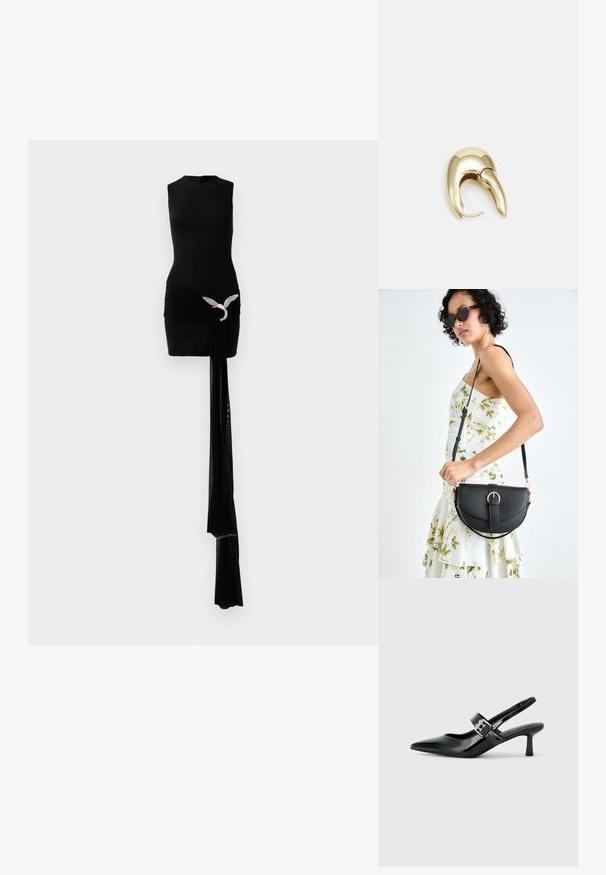 Black sleeveless dress featuring a ruched waist, embellished with a decorative hardware detail and a long sheer fabric drape.; Black patent leather slingback heels with a pointed toe and a small block heel, featuring a silver buckle accent on the strap.; Black leather handbag with a curved shape, detachable strap, and gold hardware. The bag features a flap with a buckle detail.; Gold-tone metal earring with a sleek, curved design. Features a distinctive pointed shape, polished surface, and hinge closure.