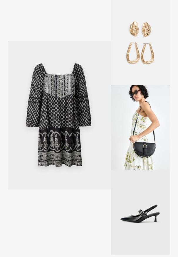 Rochie neagră cu imprimeu floral, cu decolteu pătrat, mâneci lungi tip clopot și tiv stratificat. Prezintă modele brodate albe pe întreaga suprafață.; Sandale cu toc din piele patent neagră, cu vârful ascuțit și un toc mic bloc, având un accent cu cataramă argintie pe curea.; Geantă din piele neagră, cu o formă curbată, curea detașabilă și accesorii aurii. Geanta are un capac cu un detaliu tip cataramă.; Cercei aurii cu forme texturate și ondulate. Include studs sculpturale cu clip și un design de cerc deschis cu un finisaj cioplit.