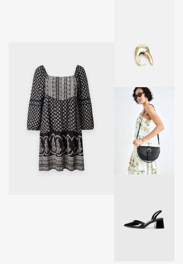 Črna cvetlična obleka s kvadratnim izrezom, dolgimi zvončastimi rokavi in večplastnim robom. Ima bele vezenine po celotni obleki.; Črne lakirane slingback pete s koničastim nosom in geometrijsko blokasto peto. Imajo eleganten, minimalističen dizajn in gladko teksturo.; Črna usnjena torbica s ukrivljeno obliko, z odstranljivo naramnico in zlatimi dodatki. Torbica ima pokrov s podrobnostmi v obliki zaponke.; Uhane nakit iz zlatastega tona z gladko, ukrivljeno zasnovo. Ima edinstveno koničasto obliko, polirano površino in zaponko s tečajem.