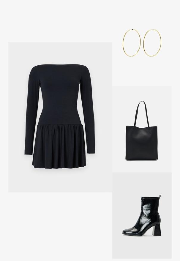 Must mustergreen, millepikkune, sobiva ülakehaga ja flöödid põhjaosa, pehmest materjalist. Sile tekstuur, põlvepikkune ja lihtne disain.; Must värvitud ankle-kingad ruudu toe ja jäme geomeetriline konts. Omab siledat, läikivat tekstuuri ja tagumist tõmmet, mis aitab kergesti jalga panna.; Mustast nahast kott sujuva tekstuuriga, ristkülikukujuline ja kahe pika sangaga. Pole nähtavat riistvara ega kaunistusi.; Kuldsest rõngastest kõrvarõngad sileda, ümarate joontega. Õhukesed ja kerged, koosnevad pidevast ringsest kujundist ilma kaunistusteta.