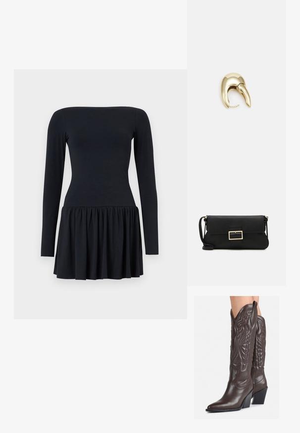 Zwart langetermijn jurk met een aansluitende lijfje en een flared onderkant, gemaakt van zacht materiaal. Soepele textuur, knielengte en eenvoudig ontwerp.; Bruine leren cowboylaarzen met een spitse neus en blokhak, voorzien van gedetailleerde stiksels en verhoogde accenten op de schacht.; Zwarte leren clutch met een klep en een gouden metalen sluiting. Inclusief een zwarte schouderband en een slank, minimalistisch ontwerp.; Gouden metalen oorbel met een slank, gebogen ontwerp. Beschikt over een kenmerkende puntige vorm, gepolijste oppervlakte en scharnier sluiting.