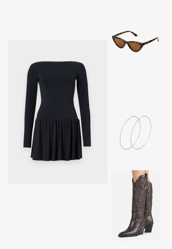 Črna obleka z dolgimi rokavi, tesno oblikovana v zgornjem delu in razširjena na dnu, izdelana iz mehkega materiala. Gladka tekstura, do kolen in preprost dizajn.; Rjave usnjene kavbojske čevlje z ostrim nosom in blok peto, ki vsebujejo podrobno šivanje in dvignjene dodatke na zgornjem delu.; Mačje oči sončna očala z okvirom v črno-oranžni želvej ohišji, rjavimi lečami in elegantnimi, ostrimi konicami. Imajo minimalistični logo na ročaju.; Srebrne uhane v obliki obroča z minimalističnim dizajnom. Krožna oblika, gladka tekstura in tanek profil. Lahki s poliranim zaključkom.