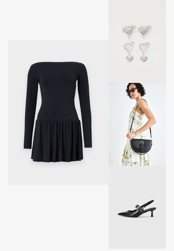 Črna obleka z dolgimi rokavi, tesno oblikovana v zgornjem delu in razširjena na dnu, izdelana iz mehkega materiala. Gladka tekstura, do kolen in preprost dizajn.; Črne patent usnjene slingback pete s koničastim nosom in majhnim blok peto, ki vključujejo srebrno zaponko na traku.; Črna usnjena torbica s ukrivljeno obliko, z odstranljivo naramnico in zlatimi dodatki. Torbica ima pokrov s podrobnostmi v obliki zaponke.; Srebrni uhani v obliki srca vsebujejo fasetirane prosojne kamne ter teksturiran okvir. Komplet vključuje stenske in viseče sloge.