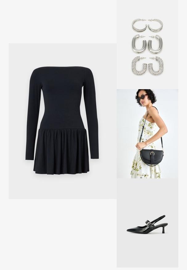 Schwarzes langärmeliges Kleid mit eng anliegendem Oberteil und ausgestelltem Saum, aus weichem Material gefertigt. Glatte Textur, knielang und einfaches Design.; Schwarze Lackleder Slingback-Absätze mit spitzem Zeh und kleinem Blockabsatz, ausgestattet mit einem silbernen Schnallenakzent am Riemen.; Schwarze Lederhandtasche mit geschwungener Form, abnehmbarem Tragegurt und goldenen Beschlägen. Die Tasche verfügt über einen Deckel mit einer Schnallen-Details.; Vier Paar silberne Ohrringe: zwei glänzende, glatte Creolen-Designs, eines mit Textur und eines mit kleinen, klaren Strasssteinen bedeckt.