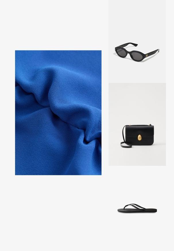 Țesătură albastră cu textură, având drapaje moi și fluide, cu o suprafață netedă, evidențiind o culoare bogată și o strălucire subtilă.; Încălțăminte tip flip-flop neagră cu o talpă din cauciuc texturat, două bretele subțiri și un detaliu discret, embosat cu logo pe bretea.; Ochelari de soare ovali negri cu lentile întunecate și ramă din plastic lucios. Prezintă un logo aurit pe bradă, oferind un design elegant și modern.; Geantă de mână din piele neagră, cu o formă rectangulară structurată. Are un capac oval auriu și o curea subțire pentru umăr. Textură netedă.