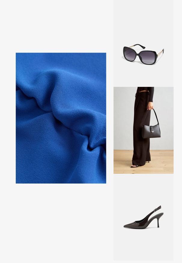Tejido azul texturizado con suaves caídas fluidas y una superficie lisa, que destaca un color rico y un sutil brillo.; Zapato de tacón alto tipo slingback en piel sintética brillante de color marrón oscuro, con punta afilada, laterales abiertos y correa ajustable en el tobillo.; Gafas de sol negras de gran tamaño con lentes degradados, montura gruesa y detalles de cadena en tono dorado en las patillas.; Bolso negro con forma estructurada, textura suave y un cierre metálico. Combinado con pantalones anchos negros y sandalias de dedo en un suelo de madera.