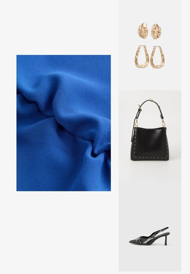 Tessuto blu texture con morbidi drappeggi fluenti e una superficie liscia, evidenziando un colore intenso e una lucentezza sottile.; Scarpa slingback in vernice nera con punta affusolata, cinturini alla caviglia con fibbie in argento e accessori, e tacco sottile.; Borsa a mano in pelle nera con forma strutturata, caratterizzata da borchie dorate lungo i bordi e una tracolla staccabile con dettagli in metallo dorato.; Orecchini in tono oro caratterizzati da forme ondulate eTexture. Comprendono chiusure clip-on scultoree e un design a cerchio aperto con finitura martellata.