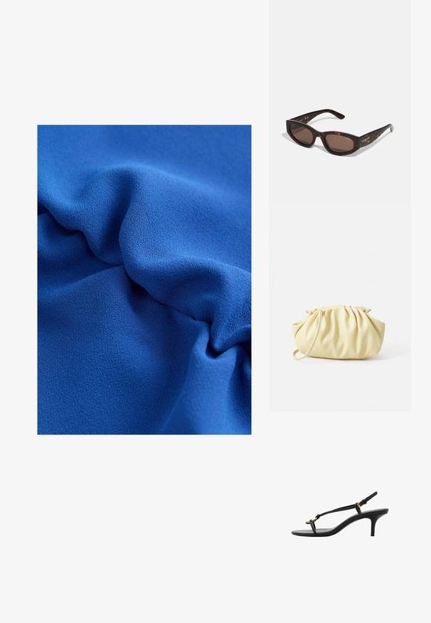 Blå texturerad tyg med mjuka, flödande draperier och en slät yta, vilket framhäver en rik färg och subtil lyster.; Svart lädersandal med kitten heel, tunna remmar, guldspänne och minimalistisk tåloop på en vit bakgrund.; Bruna sköldpaddsformade solglasögon med rektangulär form, mörkbruna linser och guld "vogue"-logotyp på stängerna.; Gul veckad handväska i slät konstläder, med en mjuk form och en enda axelrem samt en rynkad toppdesign.