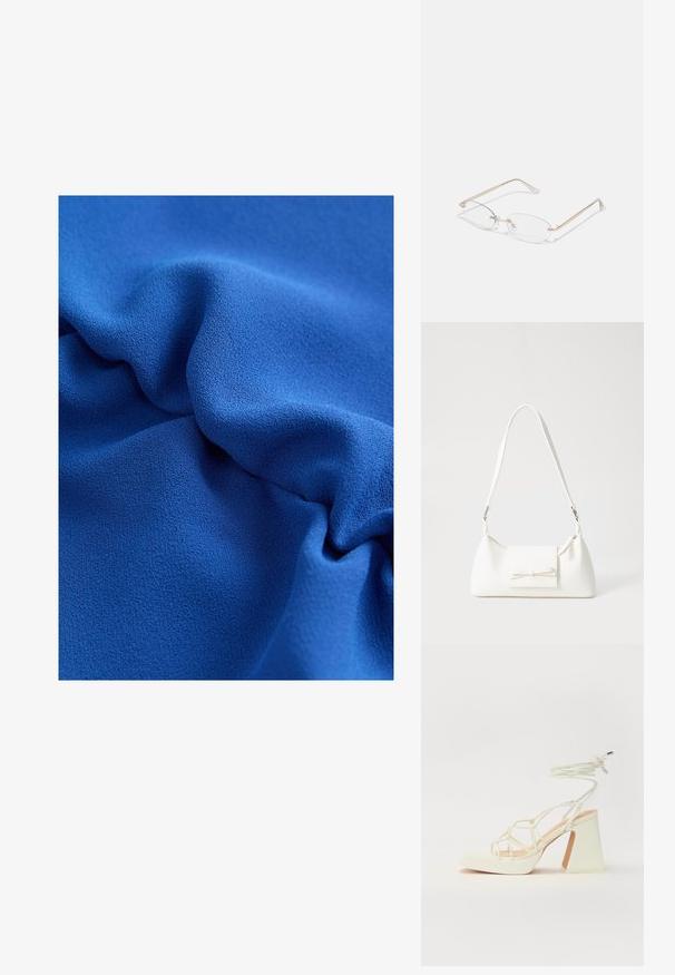 Tessuto blu texture con morbidi drappeggi fluenti e una superficie liscia, evidenziando un colore intenso e una lucentezza sottile.; Sandalo bianco con tacco alto, caratterizzato da un design a cinturini e un legaccio alla caviglia. Texture liscia con una piattaforma frontale per un'altezza aggiuntiva.; Occhiali da vista in metallo dorato con lenti ovali, bracci sottili e nasalini trasparenti. Presentano sottili dettagli sulle cerniere e lenti trasparenti.; Borsa sintetica bianca a forma triangolare, con patta anteriore piatta e dettaglio a fiocco, tracolla regolabile, texture liscia e design minimalista.