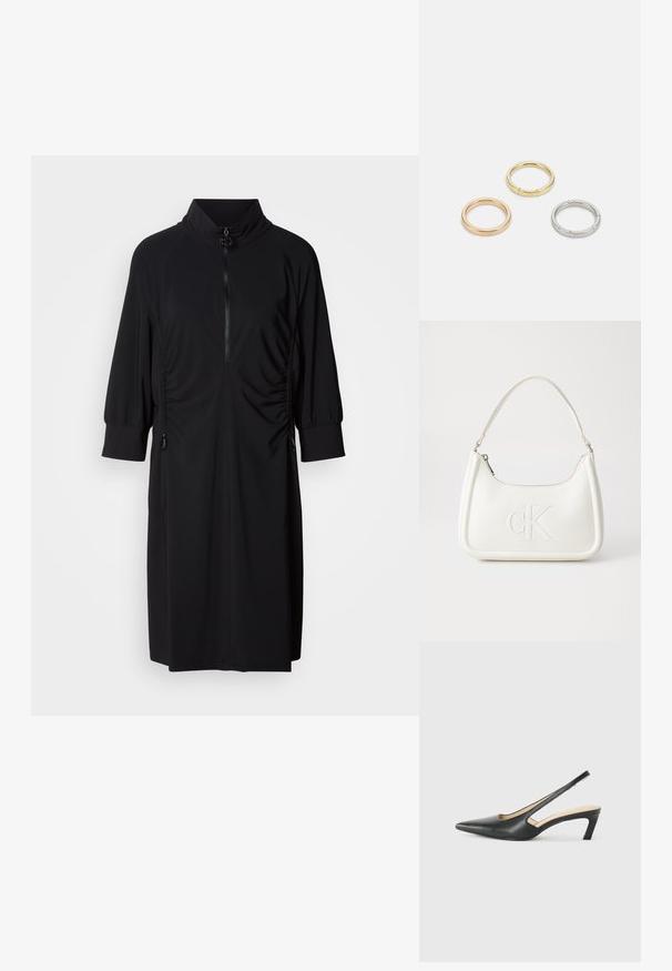 Fekete ruha magas gallérral, félig cipzáras elülső résszel és tónusos oldalszíjakkal. Simaságot sugárzó anyagból készült, gyűrt ujjak és részletek díszítik.; Fekete, hegyes orrú, slingback cipő alacsony sarkával, sima bőrből készült, oldalt kivágott deisgnal a légáteresztőképesség érdekében.; Fehér bőrtáska ívelt formájú, elöl feltűnő "CK" logóval, egyetlen vállpánttal. Cipzáras zárás a tetején.; Három fémgyűrű: az egyik rose gold, a másik texturált akcentusokkal ellátott arany, a harmadik pedig ezüst, mindegyiken gravírozott márkajelzés található a belső sávon.