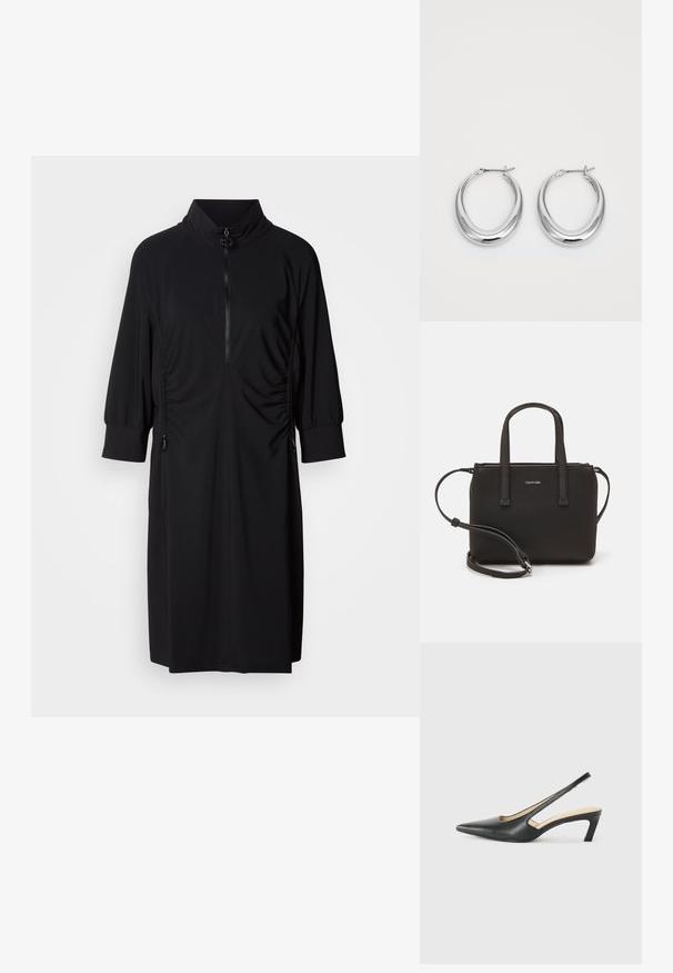 Zwarte jurk met een hoge kraag, halve rits aan de voorkant en tonale zijkreukels. Gemaakt van een gladde stof met gather mouwen en accenten.; Zwarte puntige slingback schoen met een lage hak, gemaakt van soepel leer en voorzien van een uitsnede aan de zijkant voor ventilatie.; Zwarte handtas met dubbele korte handvatten en een afneembare schouderriem. Glad, leerachtig materiaal met een ritssluiting en logo-detail.; Een paar gepolijste zilveren halvmaan-hoepeloorbelletjes met scharnier-sluitingen op een witte achtergrond.