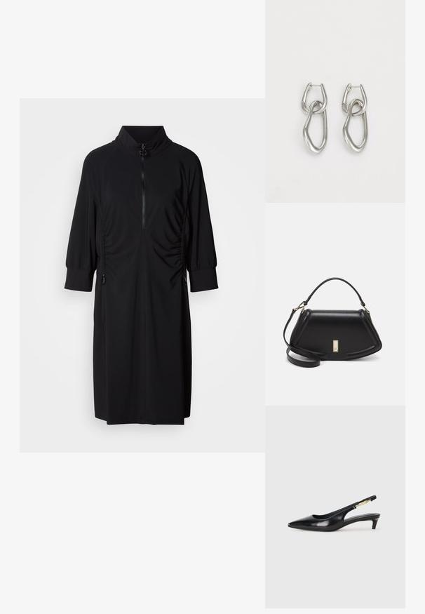 Musta mekko, jossa on korkea kaulus, puoliveto etuosassa ja sävy sävyyn rypytys sivuilla. Valmistettu sileästä kankaasta, jossa on rypytetyt hihat ja yksityiskohdat.; Mustat nahkaiset slingback-korkokengät, joissa on terävä kärki, ohuet korot ja kultasävytteinen yksityiskohta säädettävässä hihnassa. Silkkinen pinta.; Mustalla nahkalaukulla, jossa on jämäkkä muotoilu, lyhyt malli, yläkahva ja kultaiset yksityiskohdat. Säädettävä olkahihna sisältyy.; Calvin Klein STATEMENT LINKS - Korvakorut - silver-coloured