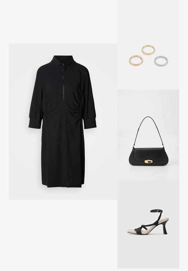 Robe noire avec un col haut, fermeture éclair frontale à demi-zippée et fronces latérales tonales. Fabriquée en tissu lisse avec des manches froncées et des accents.; Sandale à talon noir avec un design de brides tressées, bout carré et bride de cheville réglable. Semelle intérieure beige claire avec un talon noir brillant.; Sac à main en cuir noir avec un design incurvé, matériel doré et une poignée sur le dessus. Présente une fermeture élégante et une texture lisse.; Trois anneaux en métal : un en or rose, un en or avec des accents texturés, et un en argent, tous avec une gravure de marque à l'intérieur de la bande.