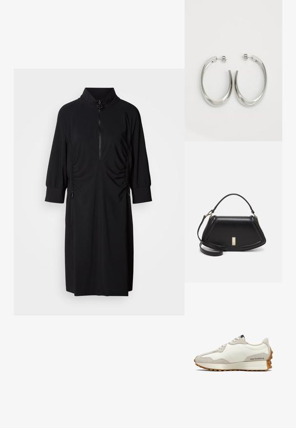 Robe noire avec un col haut, fermeture éclair frontale à demi-zippée et fronces latérales tonales. Fabriquée en tissu lisse avec des manches froncées et des accents.; Baskets blanches et beiges avec une tige en cuir lisse et des accents en suède. Dotées de lacets ronds, d'une semelle coussinée et d'une semelle extérieure en caoutchouc texturée.; Sac à main en cuir noir avec un design structuré, featuring une forme cropped, une poignée supérieure et des accents en matériel doré. Bandoulière réglable incluse.; Boucles d'oreilles en argent avec un design lisse et courbé. Présentent une finition métallique brillante et une fermeture à clou. Pas de motifs ou d'accents visibles.