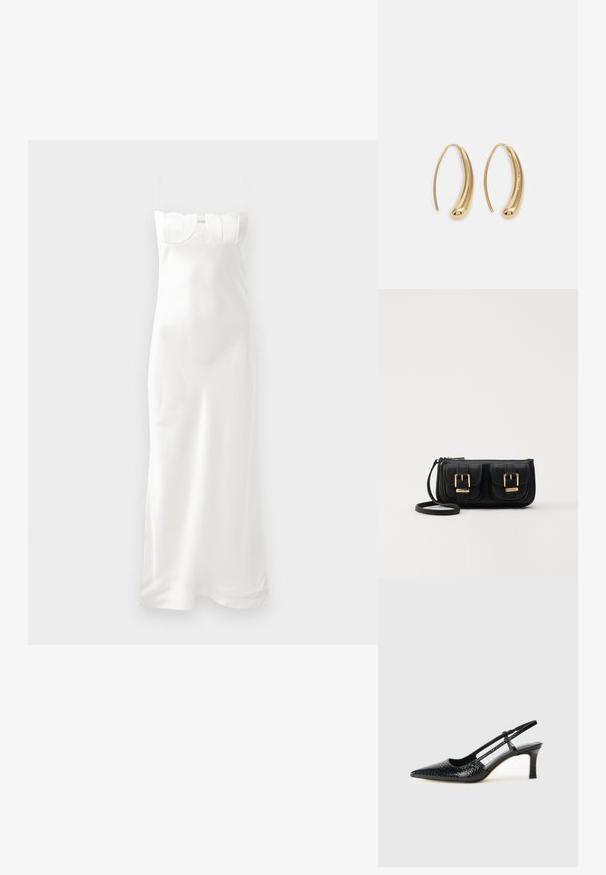 Bílý saténový šaty na spaní s tenkými ramínky, tvarovaným korzetem a vlnitým lemem nahoře, a splývavou siluetou dosahující až po kotníky.; Černé lakované slingback podpatky s špičatou špičkou, zdobené texturovaným hadím vzorem, nastavovacím páskem a krátkým texturovaným blokovým podpatkem.; Černá kožená crossbody taška se dvěma předními kapsami, zlatými přezkami, zipovým uzávěrem a štíhlým popruhem. Texturovaný povrch a kompaktní obdélníkový tvar.; Náušnice ve tvaru kruhu z pozlaceného kovu s vroubkovaným, prodlouženým tvarem. Mají hladký, lesklý povrch a zaoblený konec pro zvýraznění detailu.