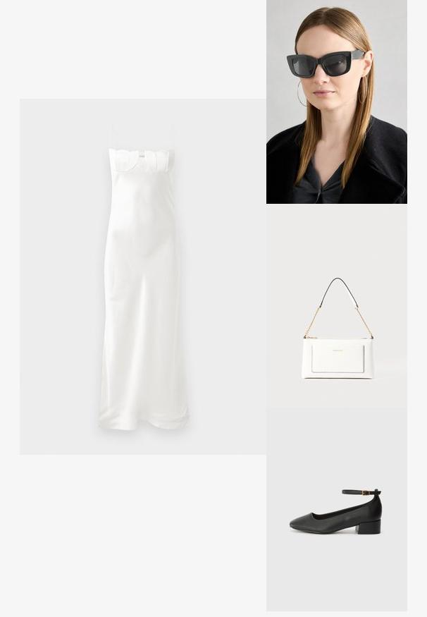 Weißes Satin-Nachthemd mit dünnen Trägern, tailliertem Oberteil mit gewelltem oberen Detail und fließender, knöchellanger Silhouette.; Schwarze Lederpumps mit spitzem Zehenbereich und niedrigem Blockabsatz. Mit einem Knöchelriemen und einer goldfarbenen Schnalle. Glatte Textur.; Schwarze Katzenaugen-Sonnenbrille mit dunklen Gläsern, dicken Rahmen und subtilen Akzenten. Getragen mit einem schwarzen Mantel und einem grauen Oberteil, dazu lange, glatte Haare.; Weißes Lederhandtasche mit strukturierter Oberfläche, ausgestattet mit einem goldenen Kettenriemen und schwarzen Akzenten. Enthält eine Fronttasche und einen Reißverschluss.
