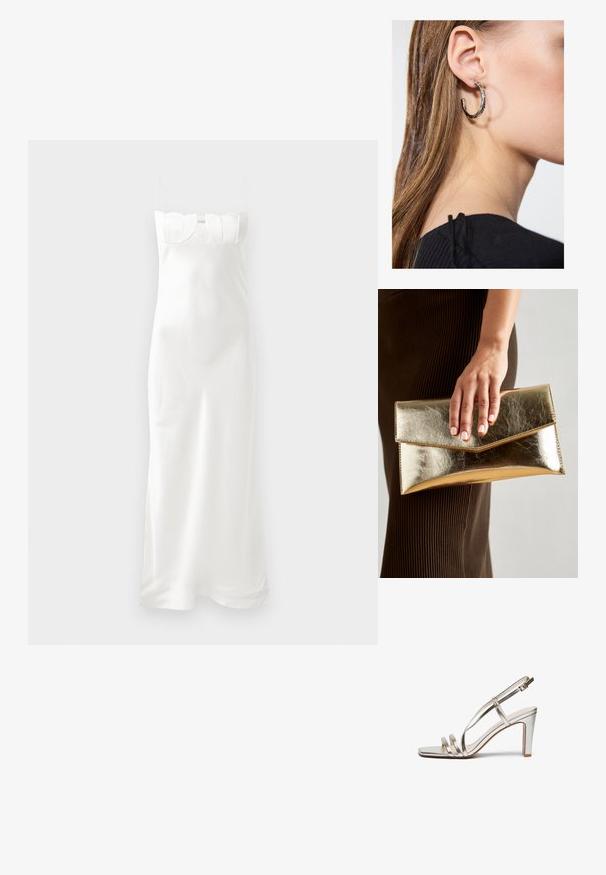 Weißes Satin-Nachthemd mit dünnen Trägern, tailliertem Oberteil mit gewelltem oberen Detail und fließender, knöchellanger Silhouette.; Metallisch silberner High-Heel-Sandalette mit offenem Zehenbereich, ausgestattet mit drei dünnen Riemen über dem Fuß und einem Knöchelriemen mit einer Schnalle.; Goldfarbene metallische Clutch mit einer glatten Textur und einem dreieckigen Klappenverschluss. Die Hand, die sie hält, hat ordentlich manikürte Nägel.; Silberne Creolen mit polierter Oberfläche, die kleine goldene Akzentdetails und eine runde Form aufweisen, am Ohrläppchen getragen.