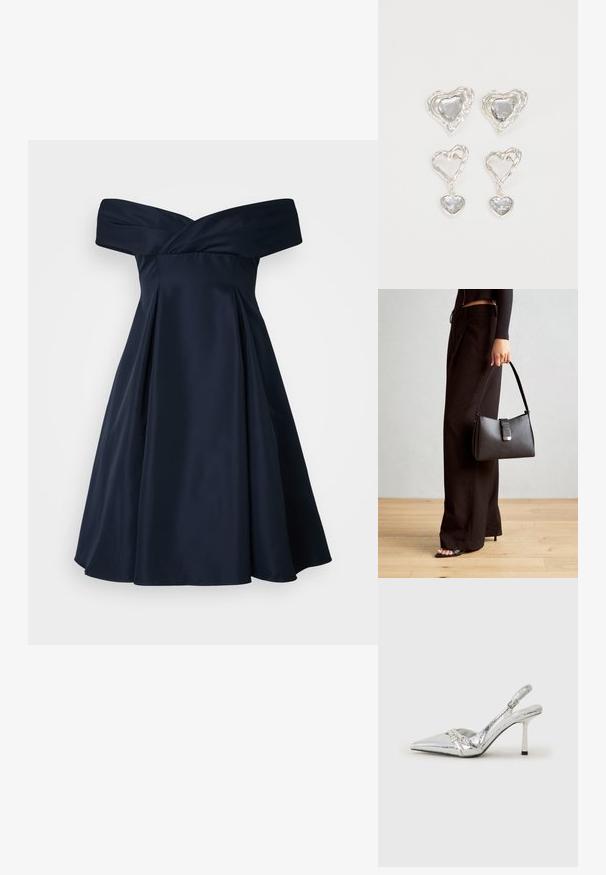 Námořnická modrá off-the-shoulder šaty z saténu s přiléhavou korzetou, skladanou sukní a jemnou texturou. Jednoduchý design, bez viditelných vzorů.; Stříbrná slingback vysoká podpatková bota s špičatou špičkou, metalickým povrchem, dvěma Dekorativními pásky a štíhlým podpatkem s černým hrotem.; Černá kabelka se strukturovaným tvarem, hladkým povrchem a kovovým uzávěrem. Kombinována s širokými černými kalhotami a sandály s otevřenou špičkou na dřevěné podlaze.; Stříbrné náušnice ve tvaru srdce mají fasetované průhledné kameny a texturovaný rám. Sada zahrnuje styl pecek a visacích náušnic.