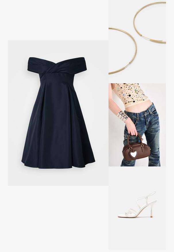 Námořnická modrá off-the-shoulder šaty z saténu s přiléhavou korzetou, skladanou sukní a jemnou texturou. Jednoduchý design, bez viditelných vzorů.; Bílé sandály na vysokém podpatku s tenkým páskem kolem kotníku, plochou špičkou, texturovaným předním dílem s nařasenými detaily.; Hnědá kožená kabelka s akcentem ve tvaru srdce, kulatý design, zlaté kovové prvky, držena v ruce; kombinována s ošoupanými džíny a korálkovým topem.; Zlaté kruhové náušnice, tenké a kulaté, s hladkým kovovým povrchem a bez zdobení či vzorů.