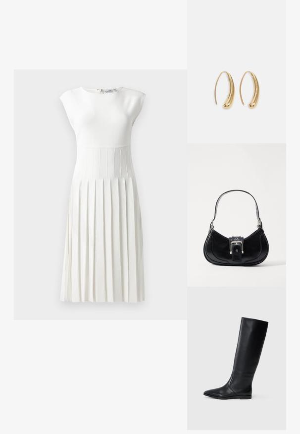 Bela nabrančasta obleka s prilegajočim zgornjim delom, kratkimi rokavi, teksturiranim korpusom in razširjenim krilom. Zadrga na hrbtni strani, gladka tkanina.; Črne usnjene škornje do kolen z ostro špico in minimalističnim dizajnom. Gladka tekstura in ravna podplat, z diskretnimi stranskimi šivi.; Črna usnjena torbica s ukrivljenim dizajnom, ki vsebuje osrednjo spono in kratko, gladko ročico. Teksturni detajli obogatijo njen videz.; Zlato-tonirani kovinski uhani v obliki obroča s krivuljo in podolgovato obliko. Imajo gladko, sijočo površino in zaobljen vrh za dodaten detajl.