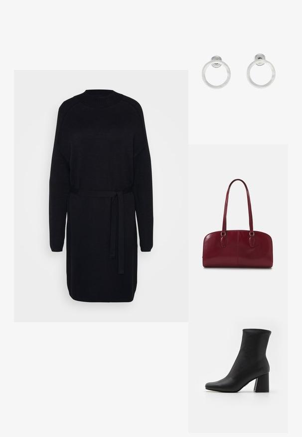 Černé pletené šaty s vysokým límcem, dlouhými rukávy a odpovídajícím páskem v pase. Hladká textura a volný střih.; Černé kotníkové boty vyrobené z hladké kůže s špičatou špičkou a silným, obdélníkovým podpatkem. Vyznačují se prošitým horním okrajem pro přidaný detail.; Zign LEATHER - Kabelka - dark red; Stříbrné kovové kruhové náušnice s broušenou texturní úpravou, s kulatým designem a průhledným záznamem pro bezpečné nošení.