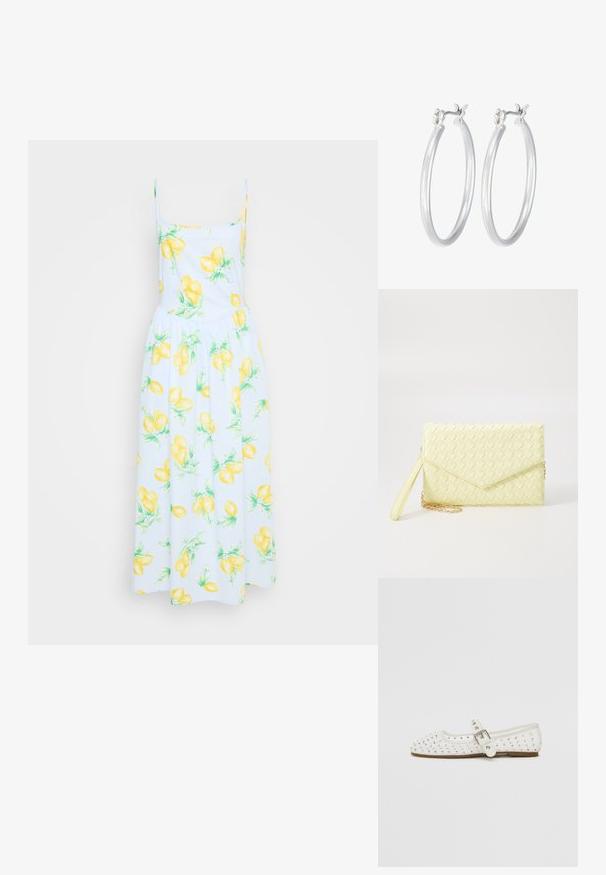 Vestido blanco con estampado de limones amarillos, tirantes finos, corsé ajustado y falda fluida. Tejido de algodón con detalles de hojas verdes por toda la prenda.; Zapato plano blanco con puntera afilada, adornado con tachuelas plateadas, presenta una correa con hebilla sobre el empeine y una suela de color marrón claro.; Cartera de mano tejida amarilla con diseño de solapa, correa de muñeca desmontable y acento de cadena dorada. Textura suave y forma rectangular.; Pendientes de aro de plata con un acabado liso y pulido. Forma redonda y cierre de click seguro. Diseño ligero adecuado para el uso diario.