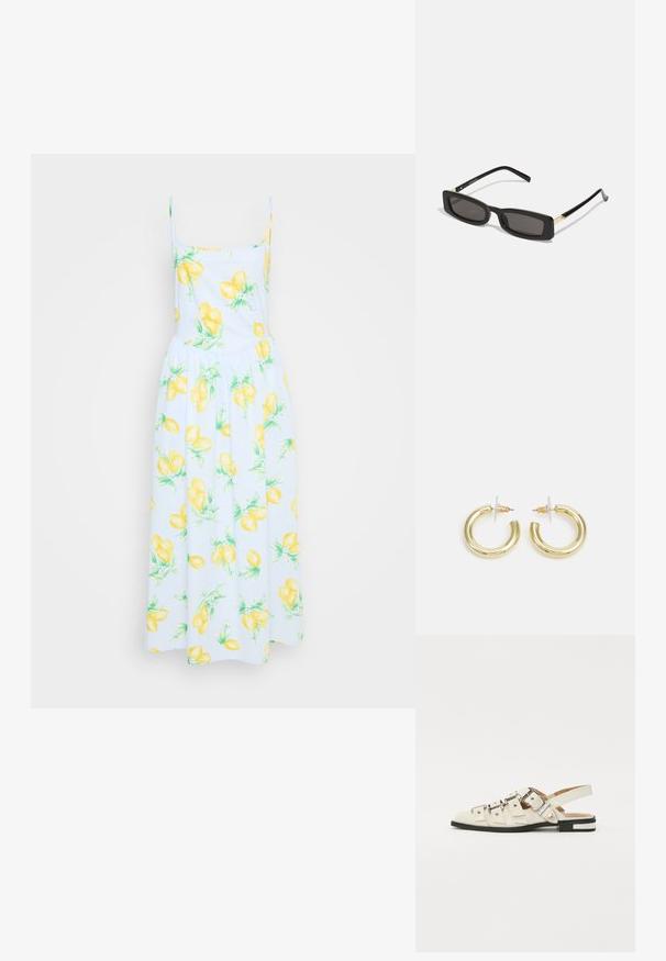 White dress with yellow lemon print, thin straps, fitted bodice, and flowy skirt. Cotton fabric with green leaf accents throughout.; Slingback sandals in white leather with multiple wide straps and silver buckles; flat sole with a small black heel and metallic accents.; Black rectangular sunglasses with dark lenses, glossy plastic frames, and gold accents on the temples. Minimalist design and sleek shape.; Gold hoop earrings with a smooth, shiny finish. Circular design featuring a small post and clear backing for secure wear.